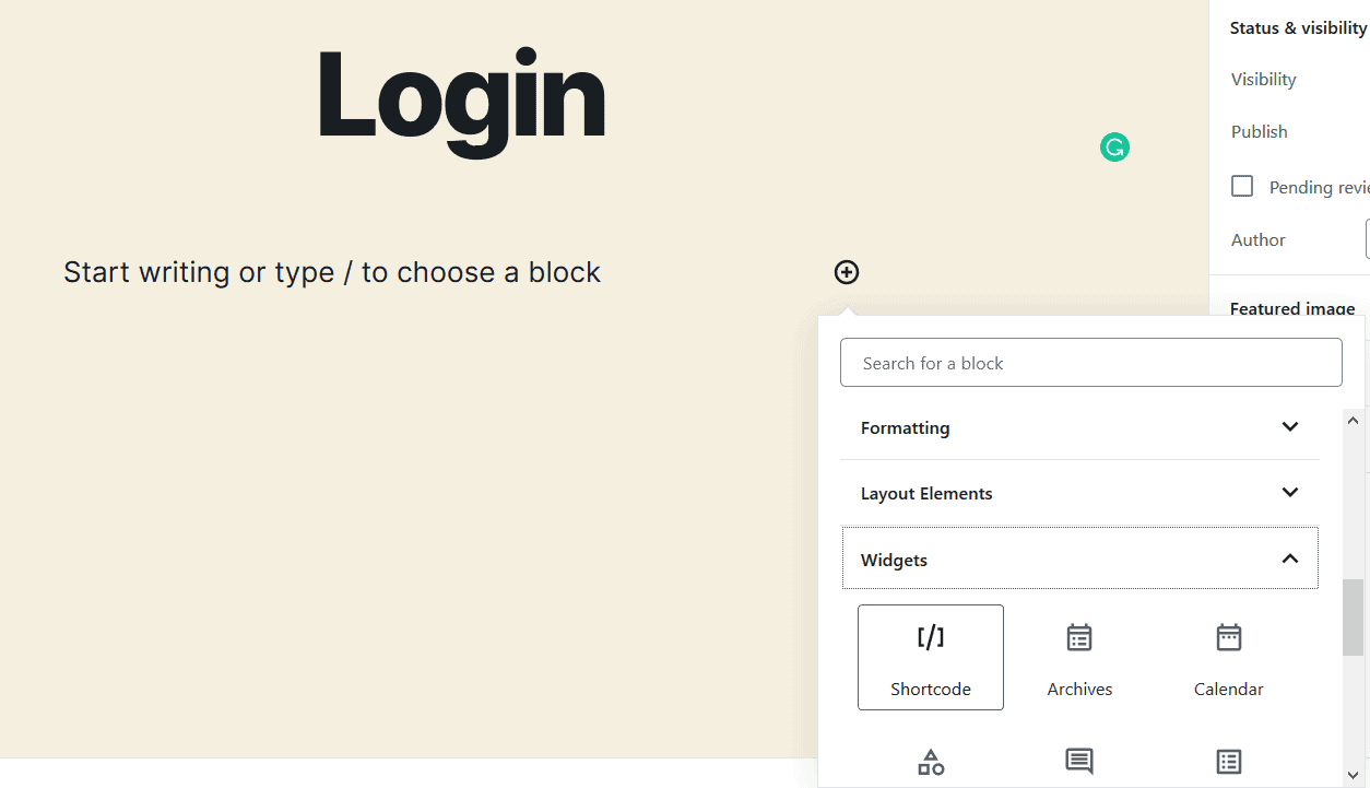 Login page