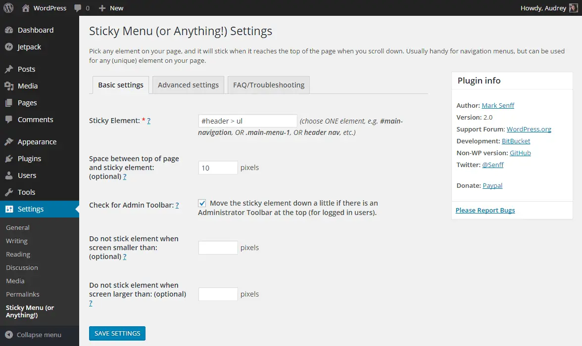 Sticky Menu, Sticky Header (or anything!) on Scroll basic settings